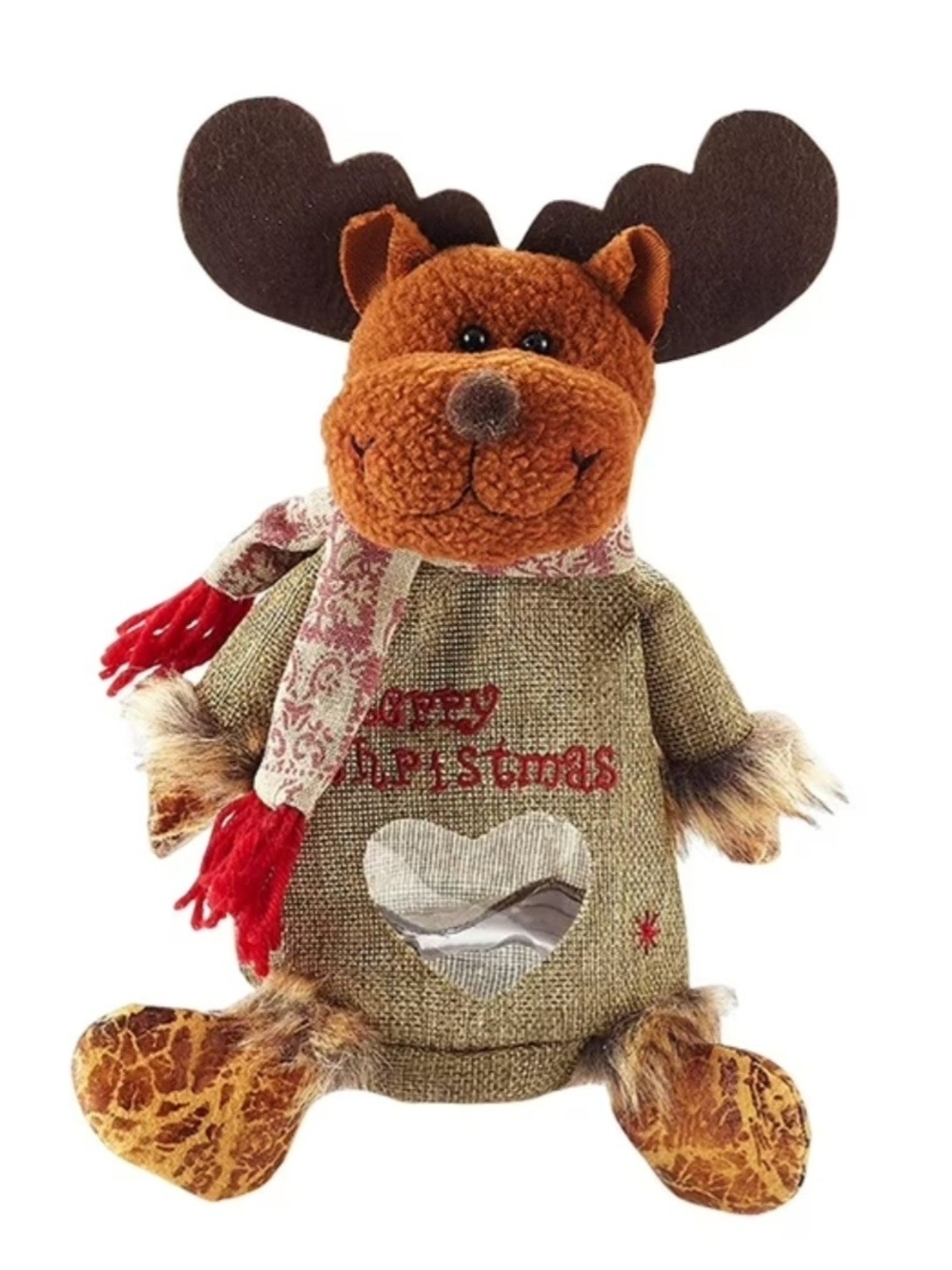 Plush Holiday Moose Gift Bag in Brown with Red Scarf